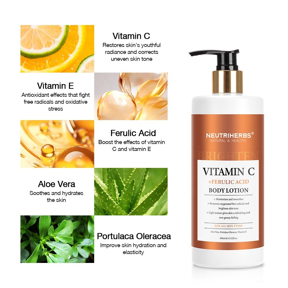 Private label brightening skin care moisturizing VC lighten vitamin c whitening body lotion for women