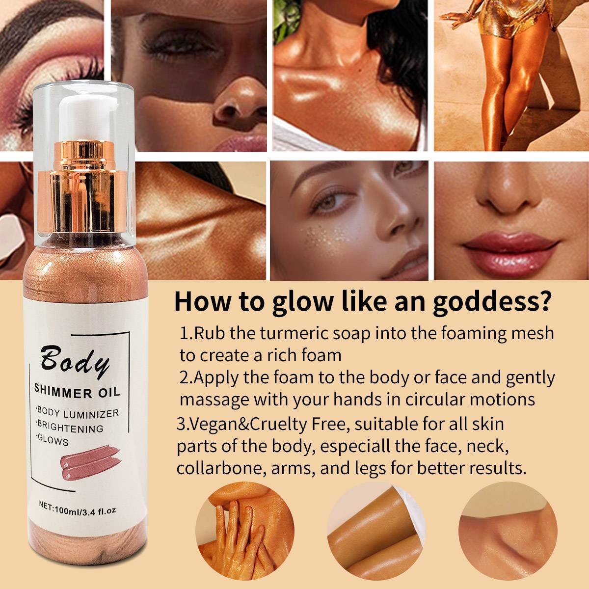 Brown Shimmer Body Oil and Turmeric Soap Set - Body Glitter Lotion Hydrate Skin for an Glow