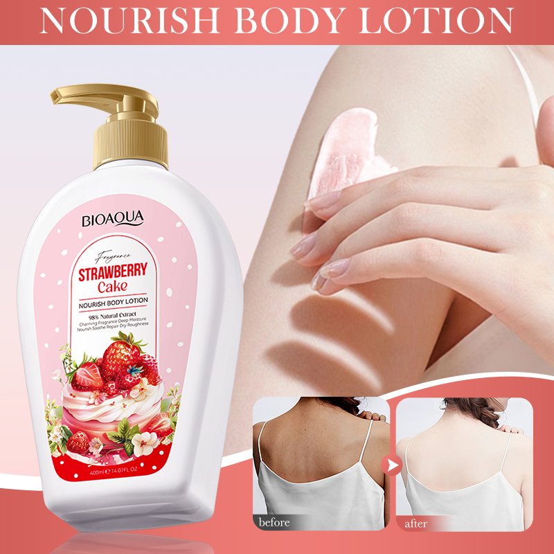 OEM BIOAQUA Body Milk Strawberry Niacinamide Moisturizing Repair Nourishing Anti-Aging Fruit Perfume Skin Whitening Body Lotion