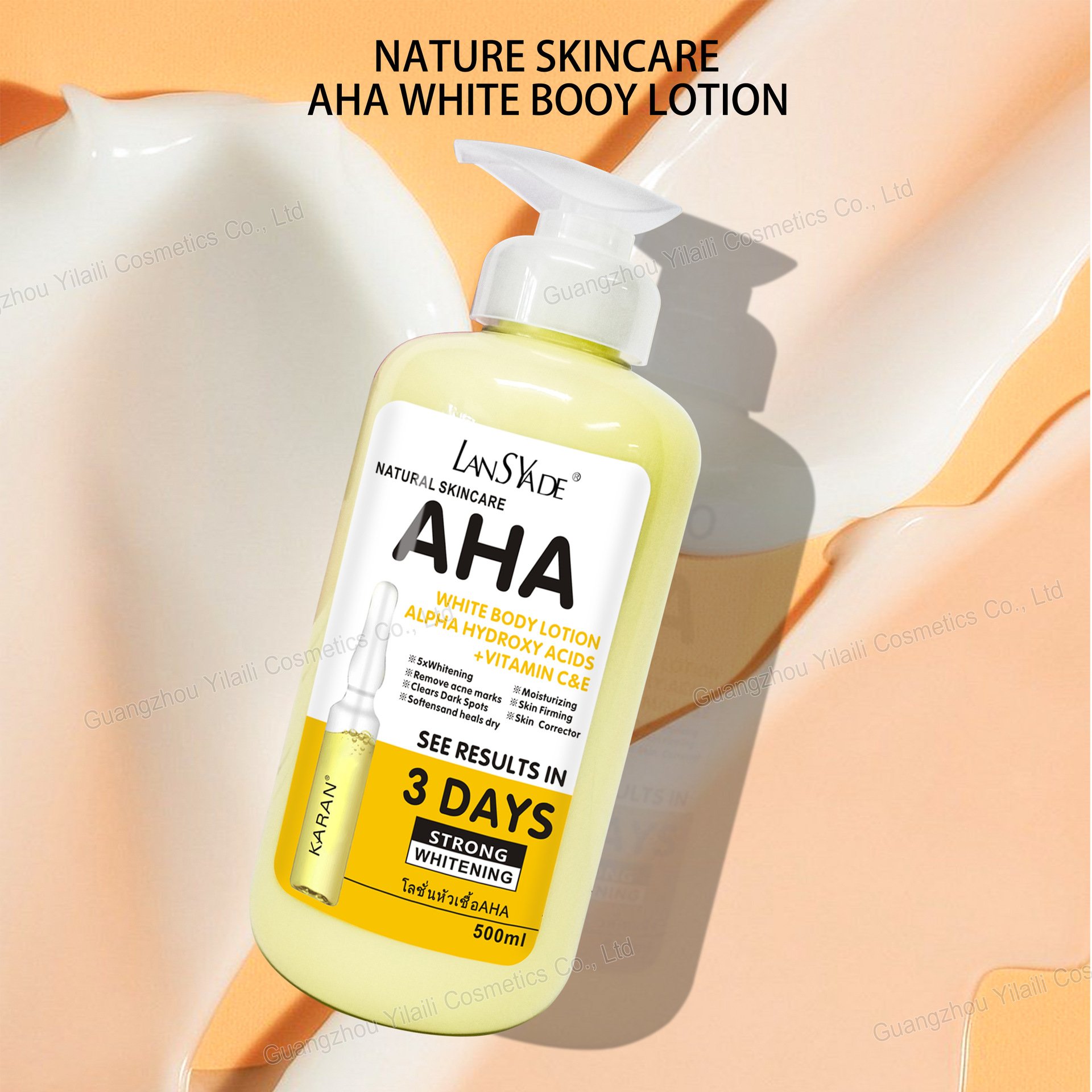 LANSYADE Wholesale Whitening Body Lotion Lightening Hydrating Body Milk AHA Vitamin C Body Lotion 500g