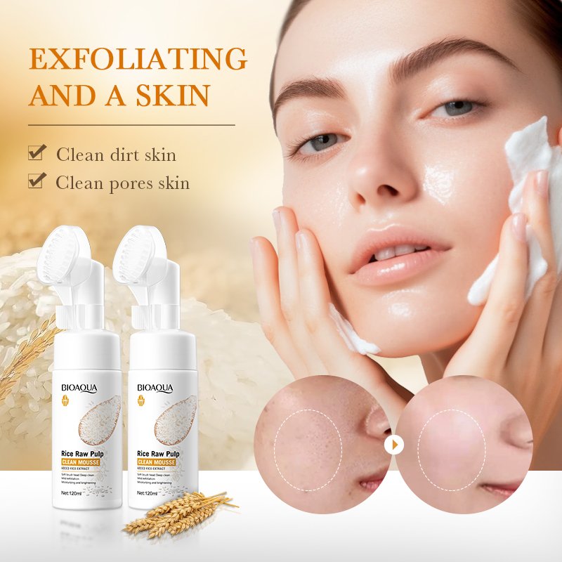 BIOAUQA New Skin Care Set Brown Rice Mousse Brush Exfoliate Gel Whitening Moisturizer Body Lotion Bath Soap Face Skin Care Kit