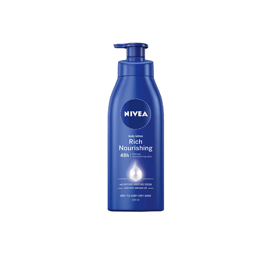 Nivea body lotion, ideal for dry and rough skin, leaving it smooth and refreshed.