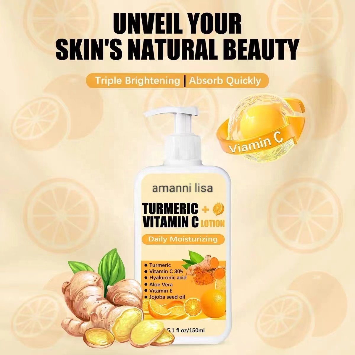 Private Label 150ML Moisturizing Body Lotion with Whitening Turmeric Vitamin C Collagen Retinol Sensitive Areas Day Night Use