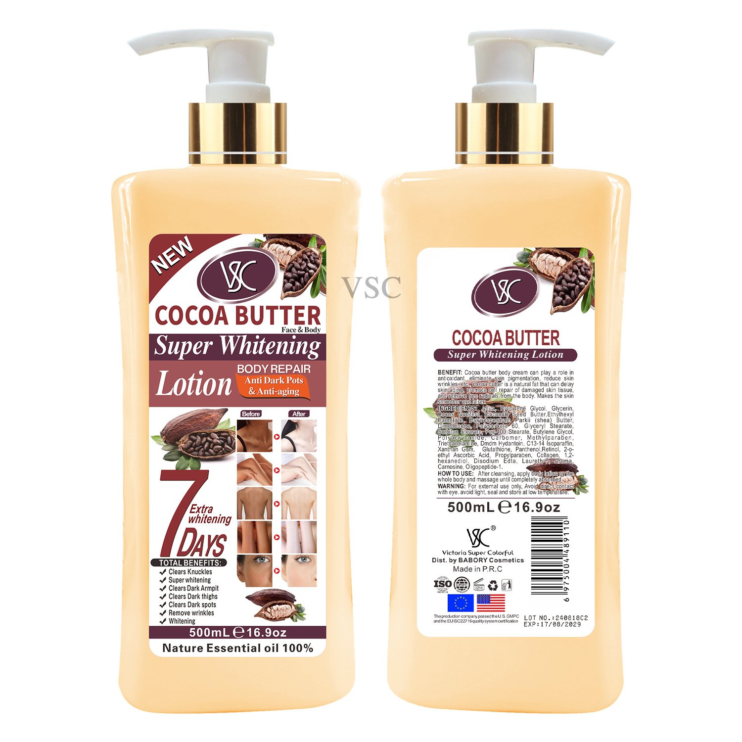 500ml Cocoa Refreshing Brightening Lotion 7 Days Super Skin Whitening Moisturizing Smoothing Body Repair Body Cream Butter