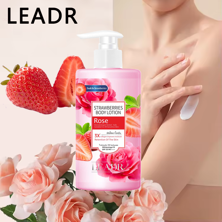 Hot Sales Private Label Refresh Flavor Fruit Body Milk Moisturizing Brightening Whitening Strawberry Rose Body Lotion