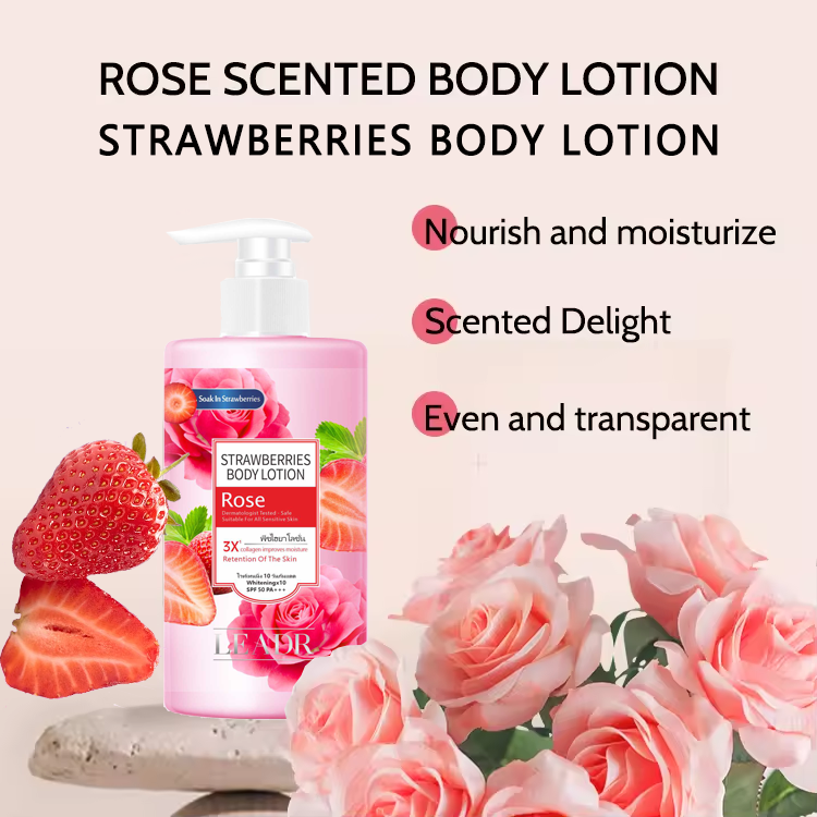 Hot Sales Private Label Refresh Flavor Fruit Body Milk Moisturizing Brightening Whitening Strawberry Rose Body Lotion