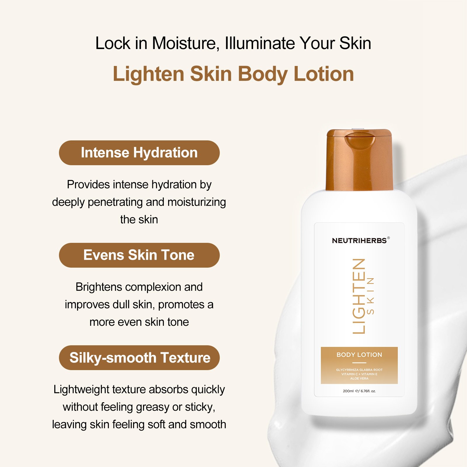 Weightless formula Aloe Vera vitamin E Glycyrrhiza Glabra Root brightening complexion whitening body lotion