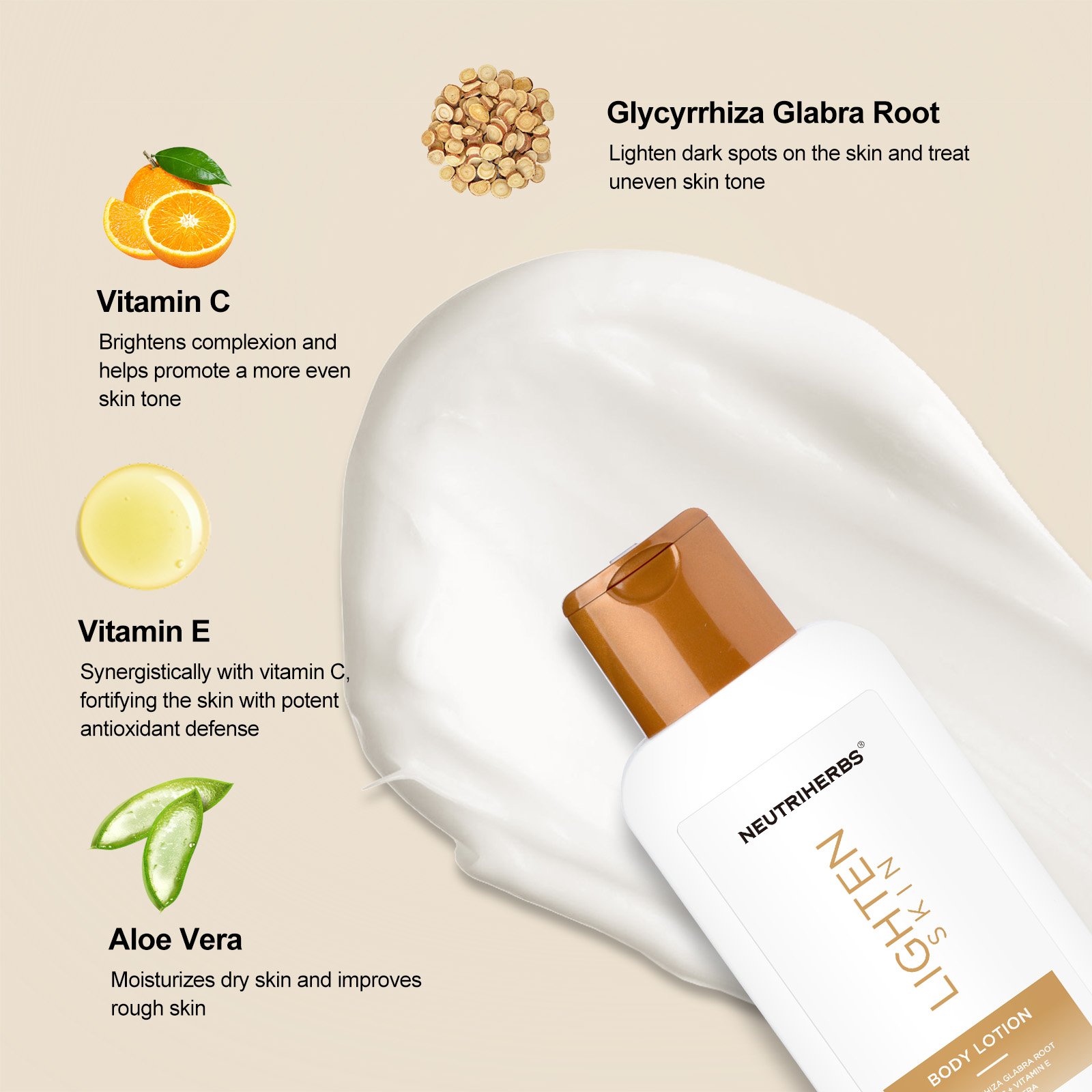 Weightless formula Aloe Vera vitamin E Glycyrrhiza Glabra Root brightening complexion whitening body lotion