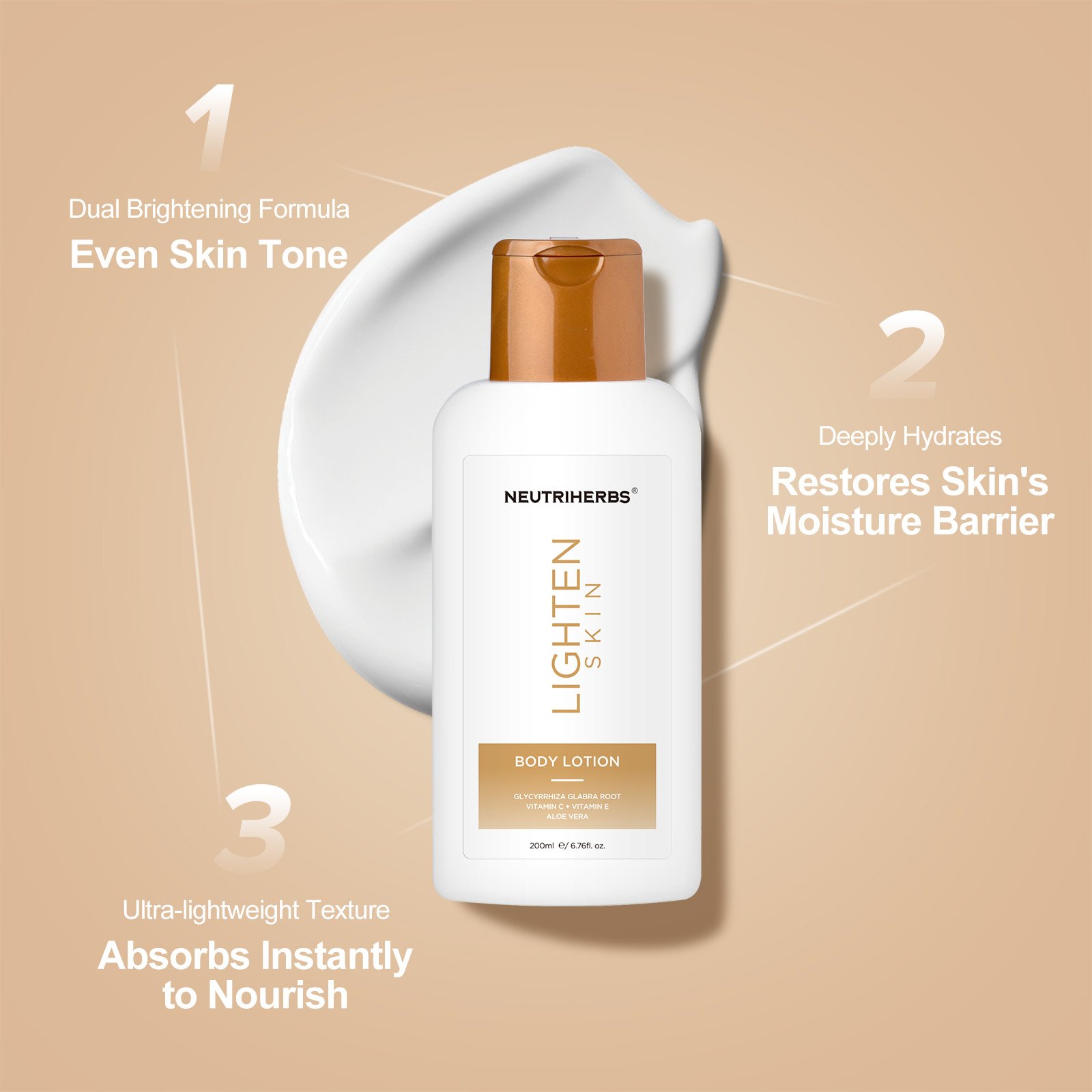 Weightless formula Aloe Vera vitamin E Glycyrrhiza Glabra Root brightening complexion whitening body lotion
