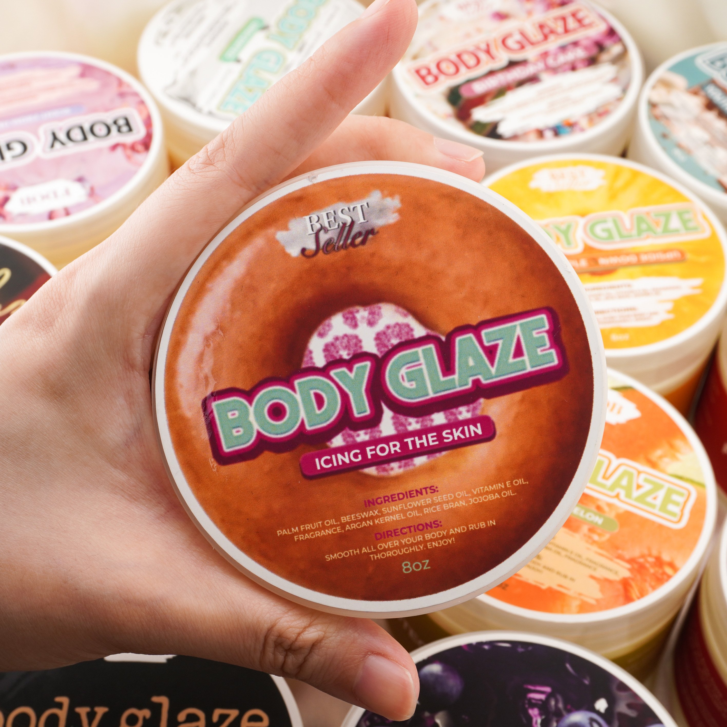 Natural fragrance body glaze moisturizes, hydrates. Aroma and body odor OEM proprietary brand