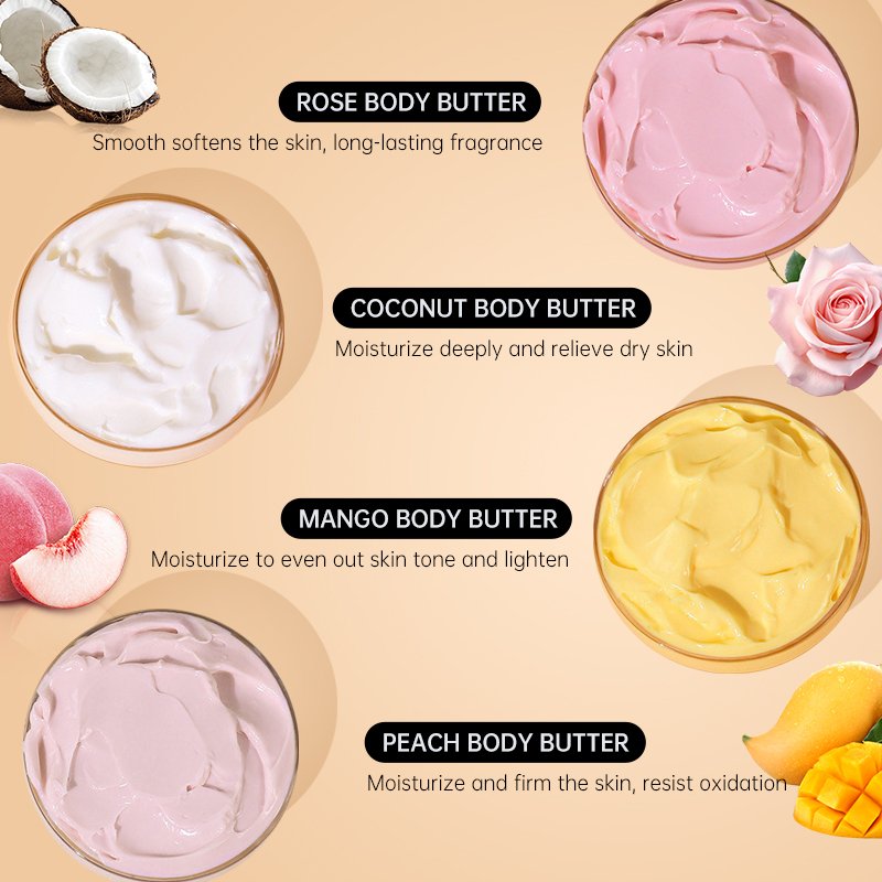 Rose coconut peach mango lightening body lotion wholesale moisturizing vegan body butter cream
