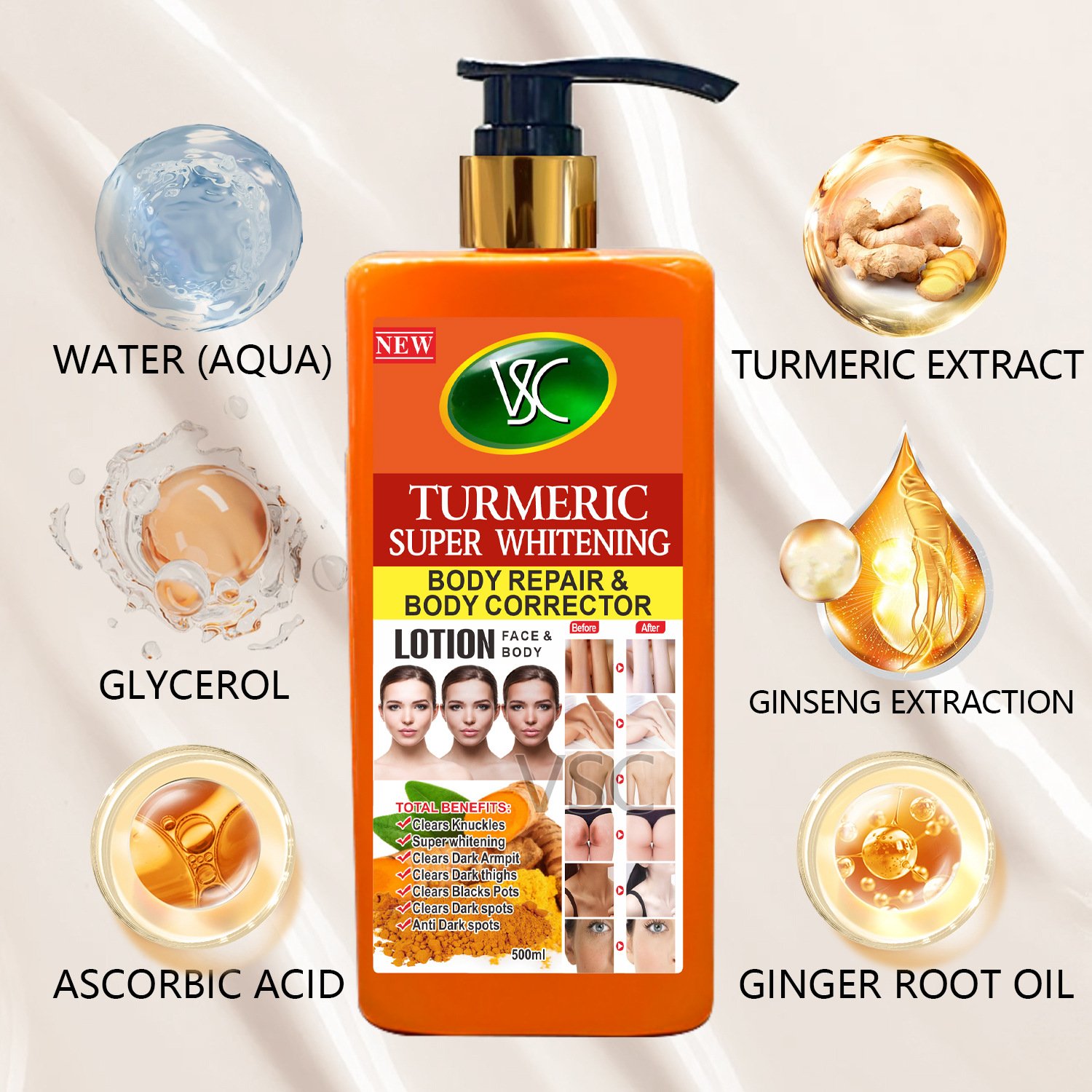 Hot Selling Turmeric Super Whitening Facial Body Repair Correction Lotion