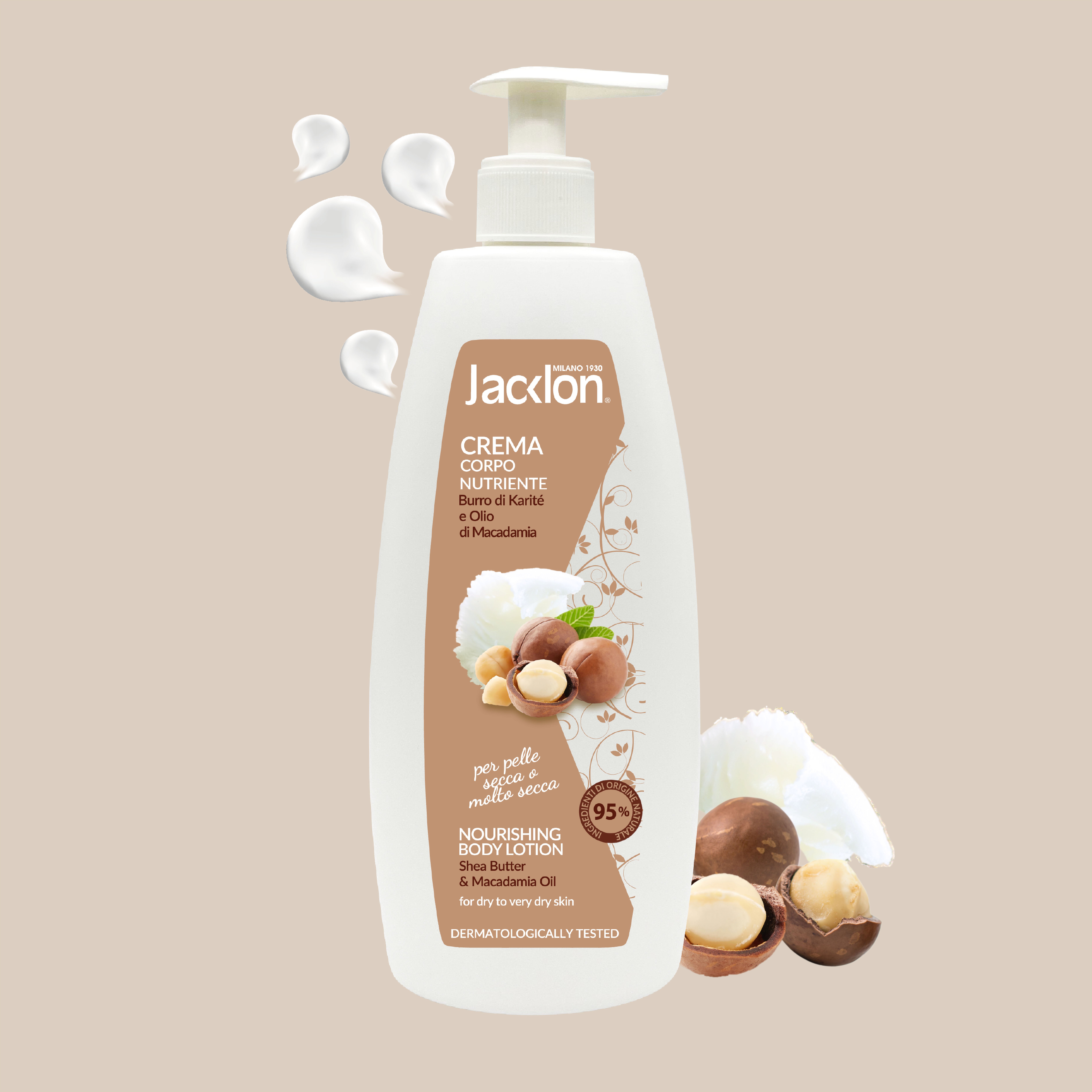 100% MADE IN ITALY BODY LOTION 95% NATURAL INGREDIENTS SHEA BUTTER & MACADAMIA OIL DERMATOLOGICALLY NICKEL TESTED 500ML
