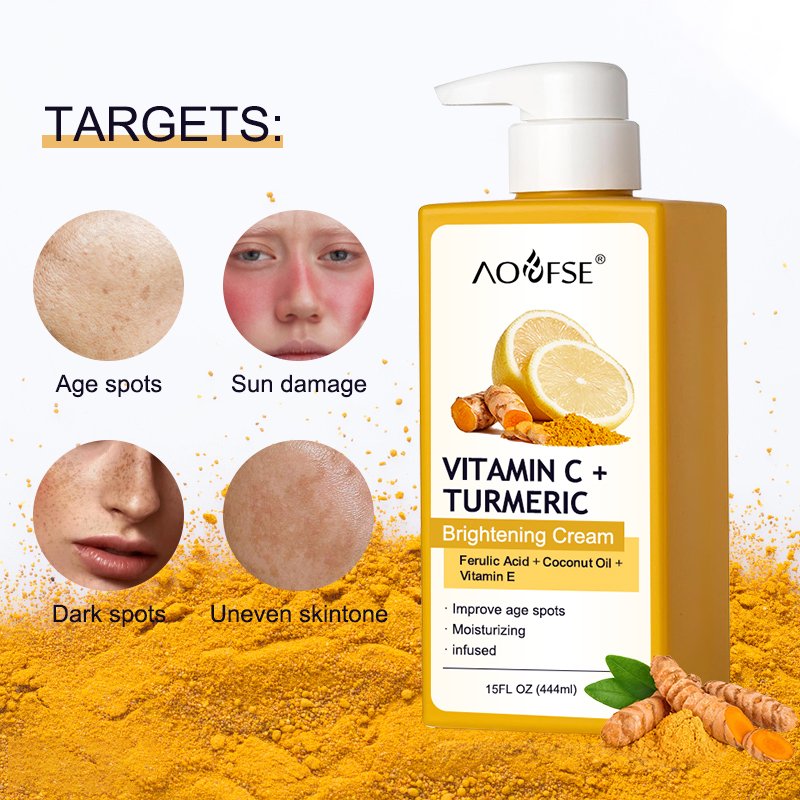 Custom logo vegan moisturizing turmeric body cream skin firming bleaching vitamin c body lotions for women men