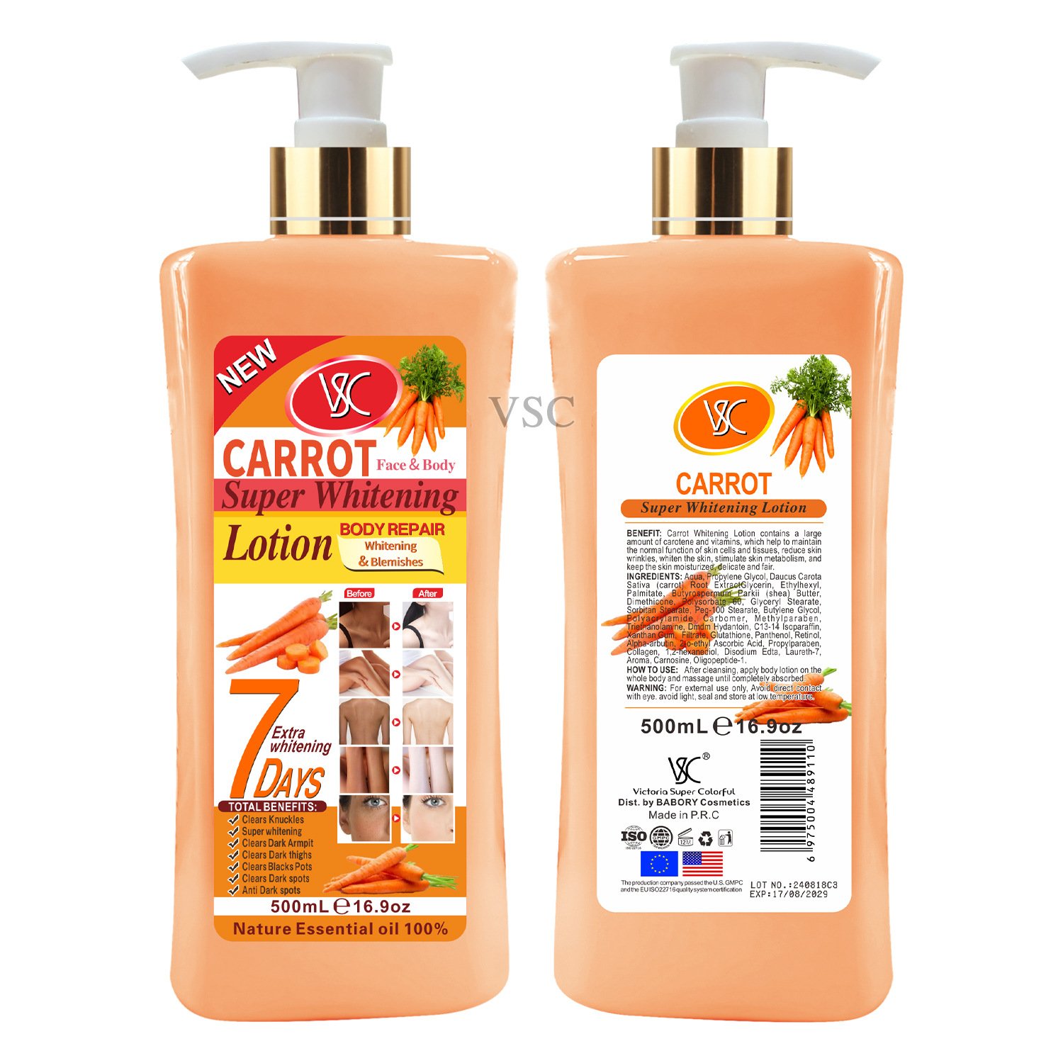 VSC High Quality 500ml Turmeric Carrot Lotion Super Whitening Cream Moisturizer Nourishing Vitamin C Hydrating Body Milk