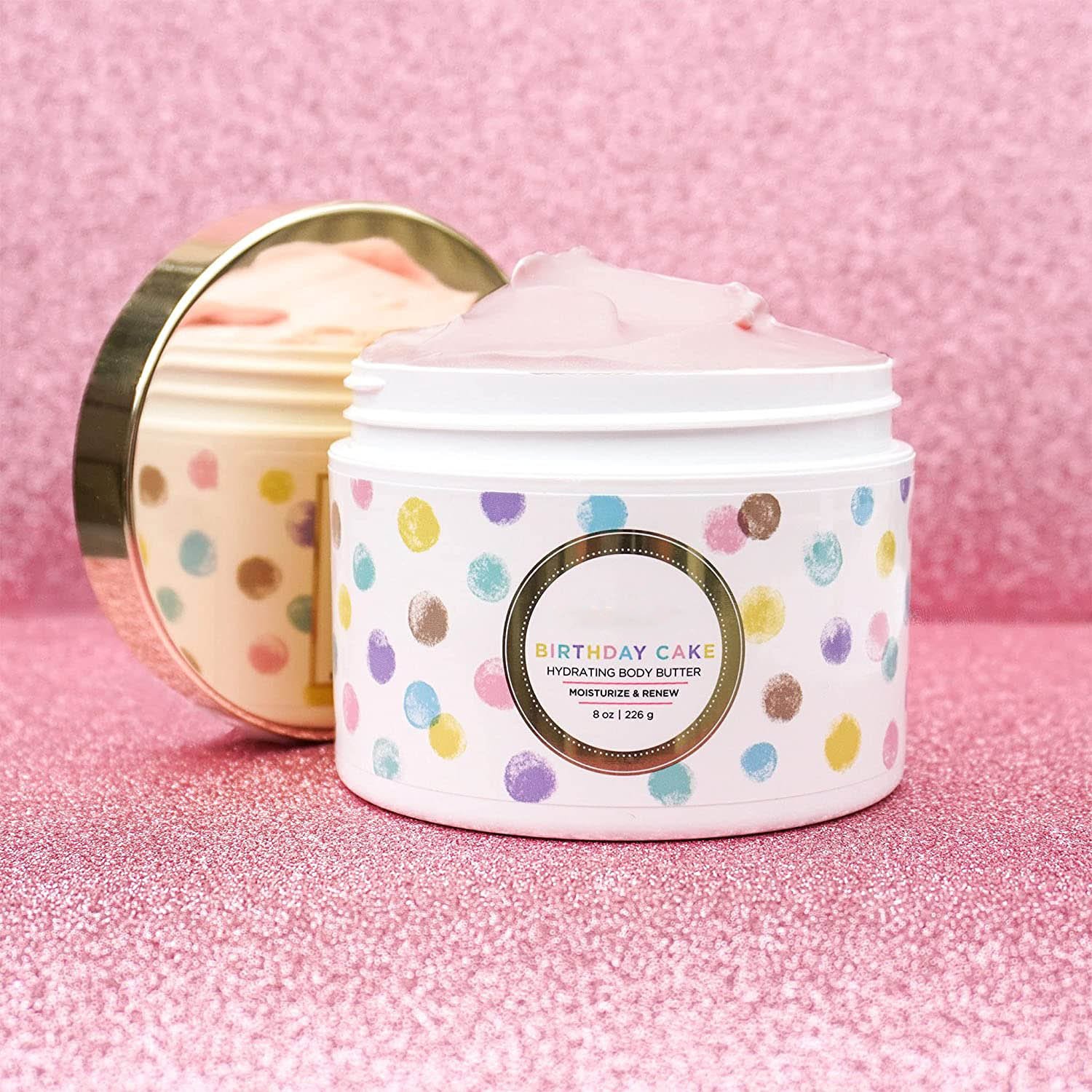 Birthday Cake Shimmering Body Butter - Hydrating Body & Skin Moisturizing Cream with Whipped Shea Butter Vitamin E CucumberExtr