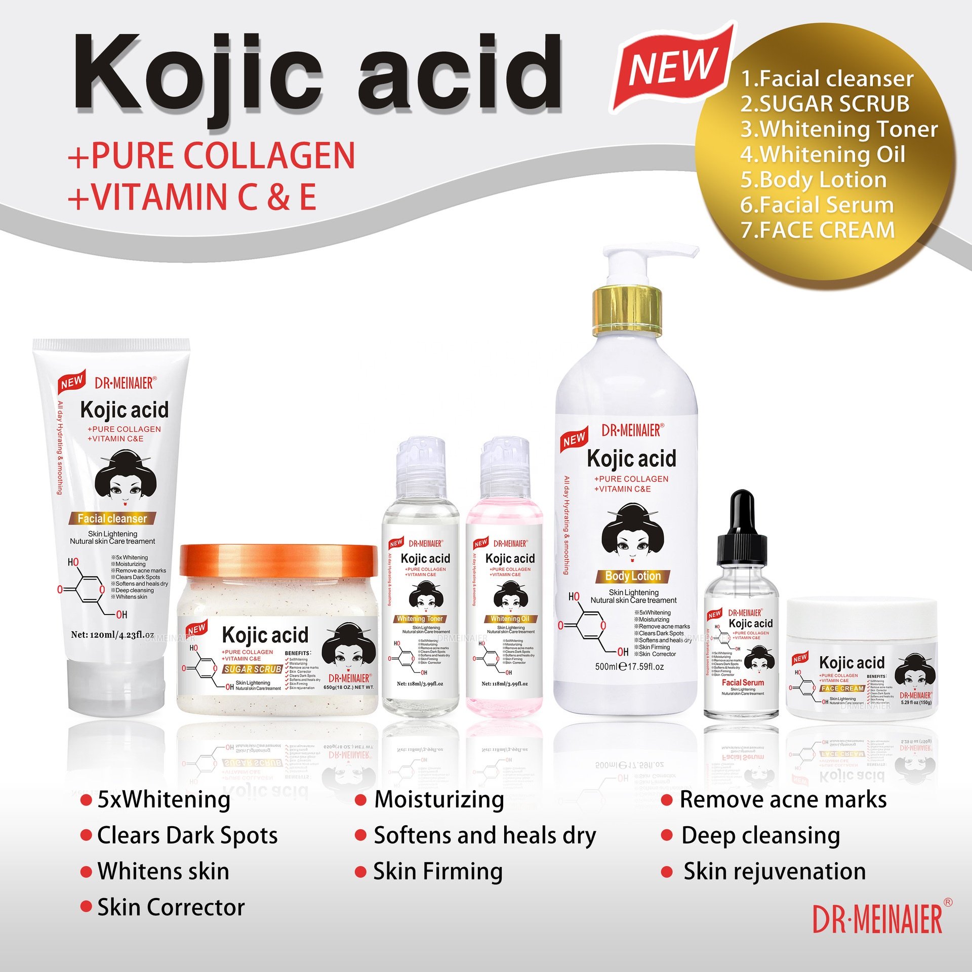 Face Body Brightening Whitening Kojic Acid Skin Care Set With Facial Cleanser Toner Lotion Serum Oil Cream Scrub Body Lotion