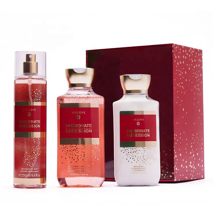 VL9062-1 hot sale 3PCS warm floral scent large volume plastic bottled body mist body lotion set for women