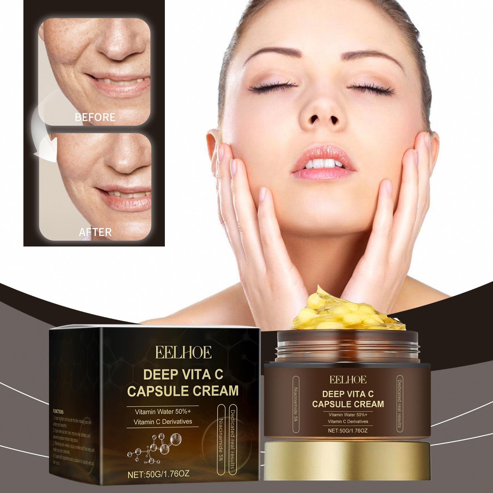 EELHOE Wholesale Private Label 50G Deep Vitamin C Night Moisturizer Capsule Cream Hydration Vitamin C Golden Capsule Face Cream