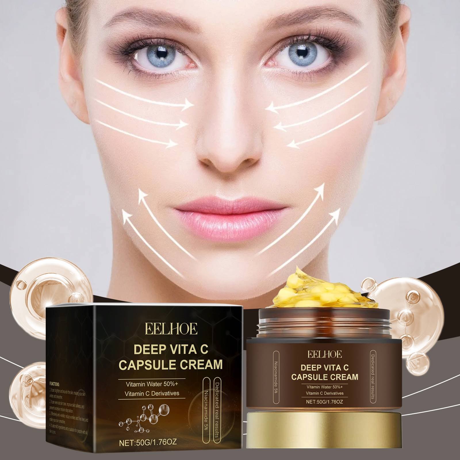 EELHOE Wholesale Private Label 50G Deep Vitamin C Night Moisturizer Capsule Cream Hydration Vitamin C Golden Capsule Face Cream