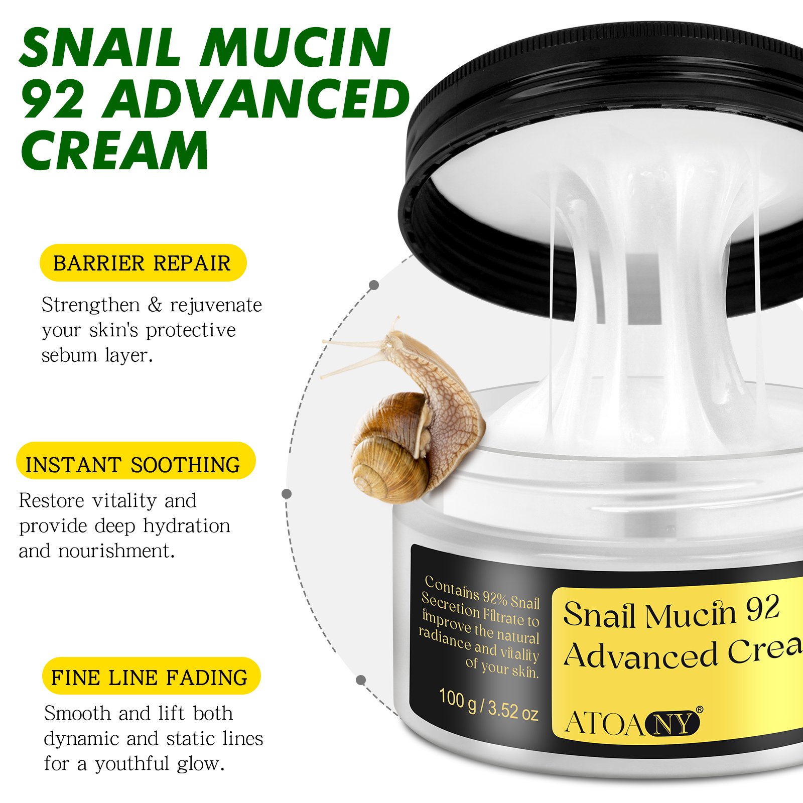 ATOANY Skin Care Advanced Snail Repair Cream Private Label Wholesale Nourishing Moisturizer Snail Mucin 92% Cream for Face