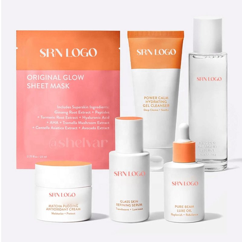 Private Label Vegan Fruit Sweet Peach Super Smooth Face Serum Cream Facial Glass Skin Discovery Kit Set