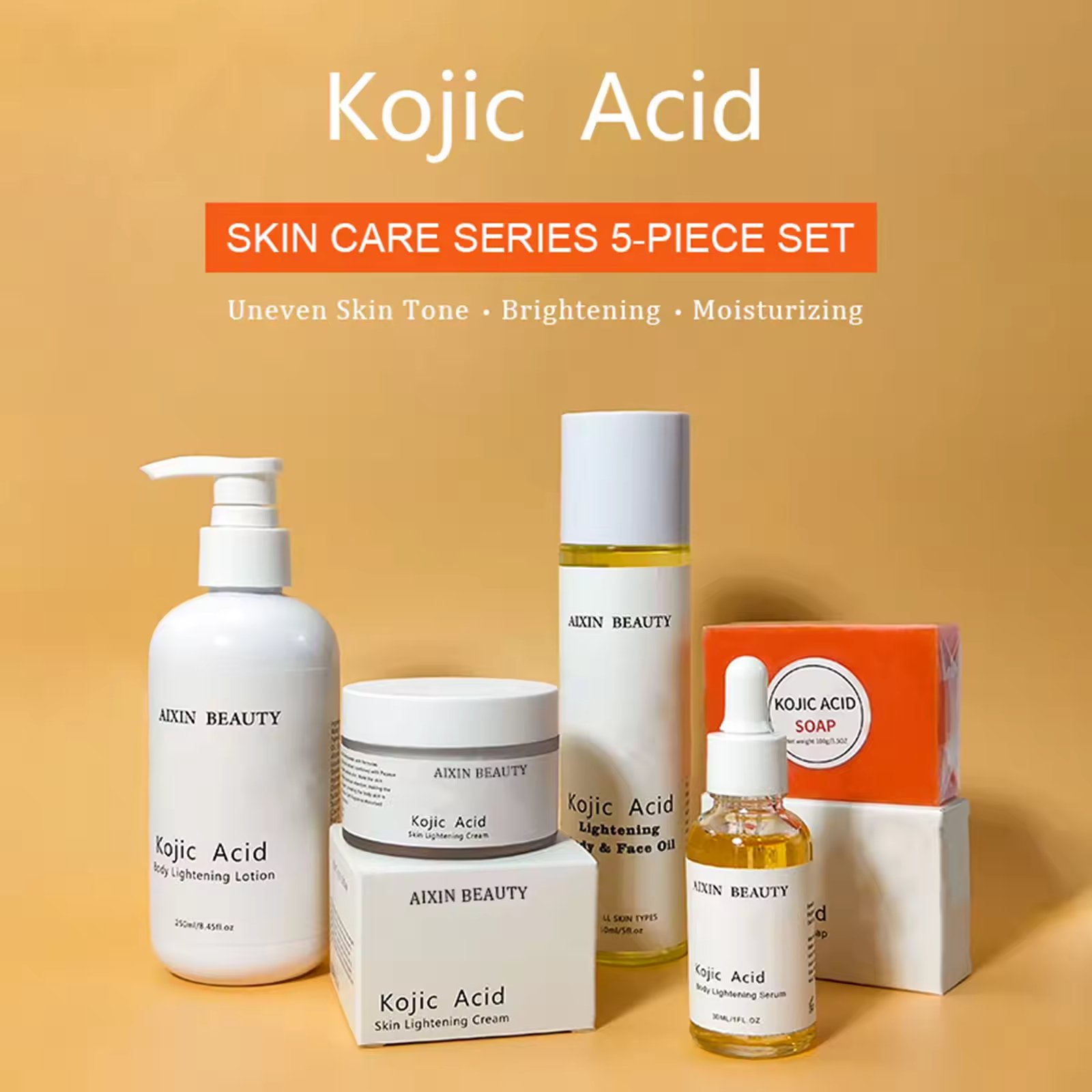 Private Label Skin Care Anti Aging Moisturizing Serum Cream Exfoliating Soap Lightening Body Lotion Oil Kojic Acid Skin Care Set