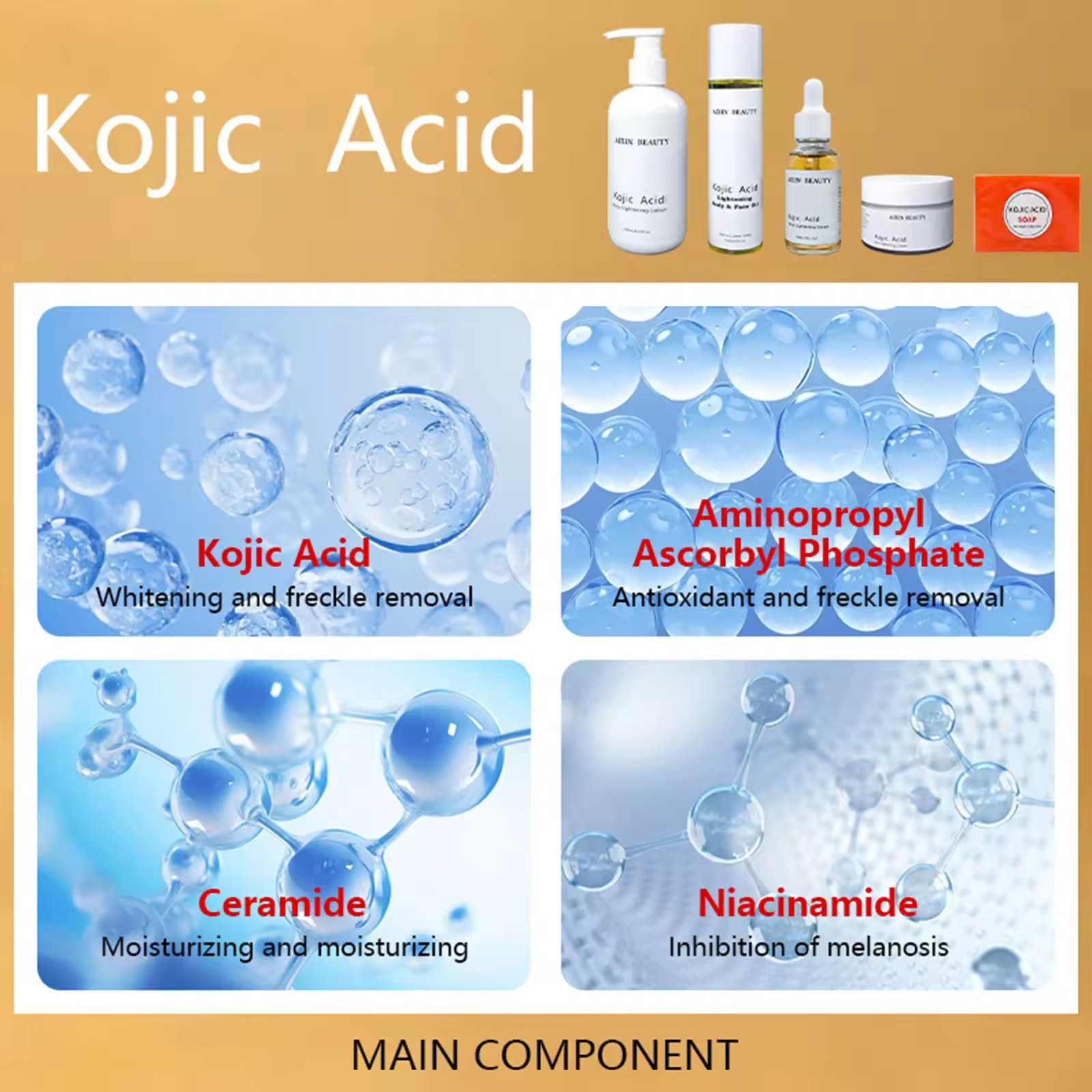 Private Label Skin Care Anti Aging Moisturizing Serum Cream Exfoliating Soap Lightening Body Lotion Oil Kojic Acid Skin Care Set