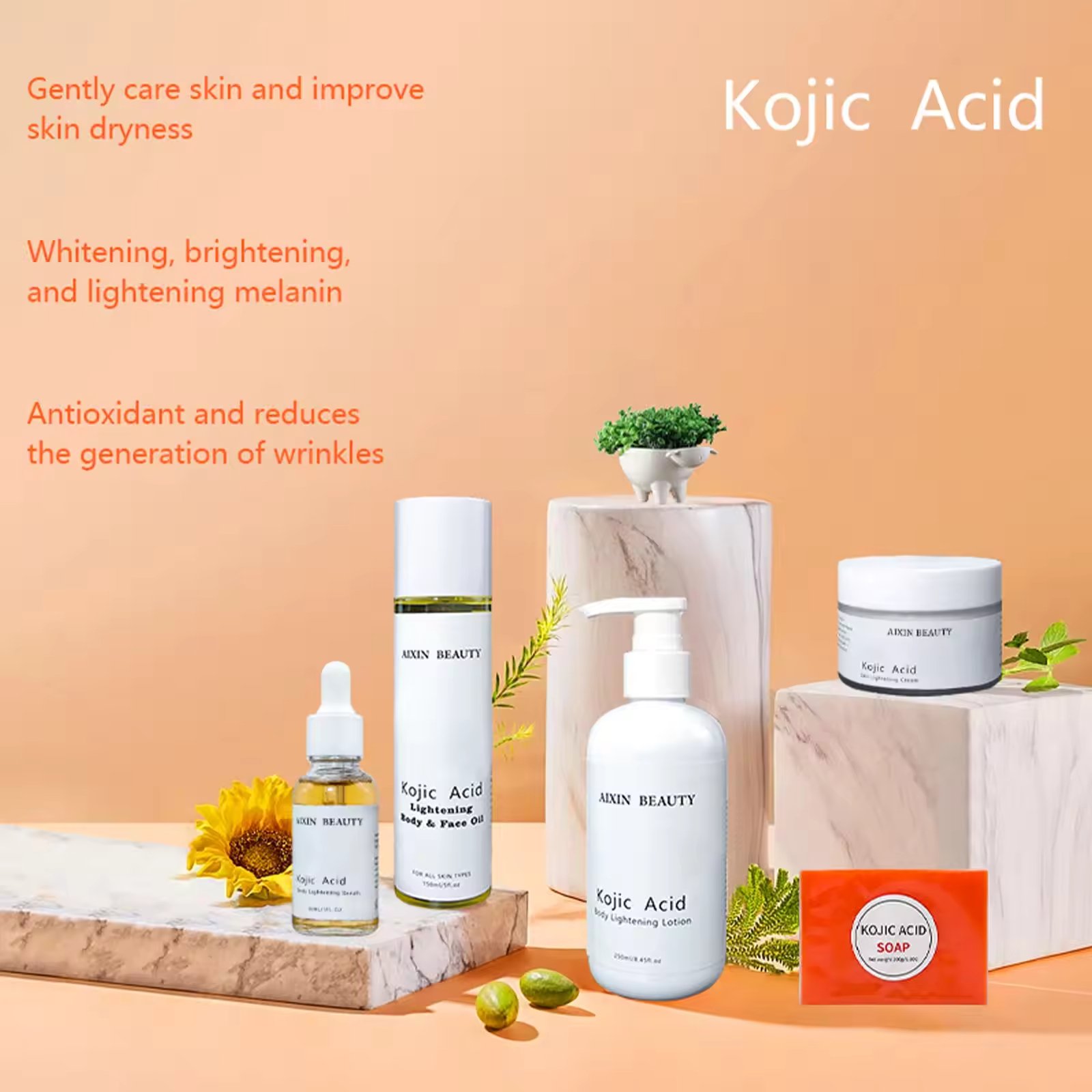 Private Label Skin Care Anti Aging Moisturizing Serum Cream Exfoliating Soap Lightening Body Lotion Oil Kojic Acid Skin Care Set