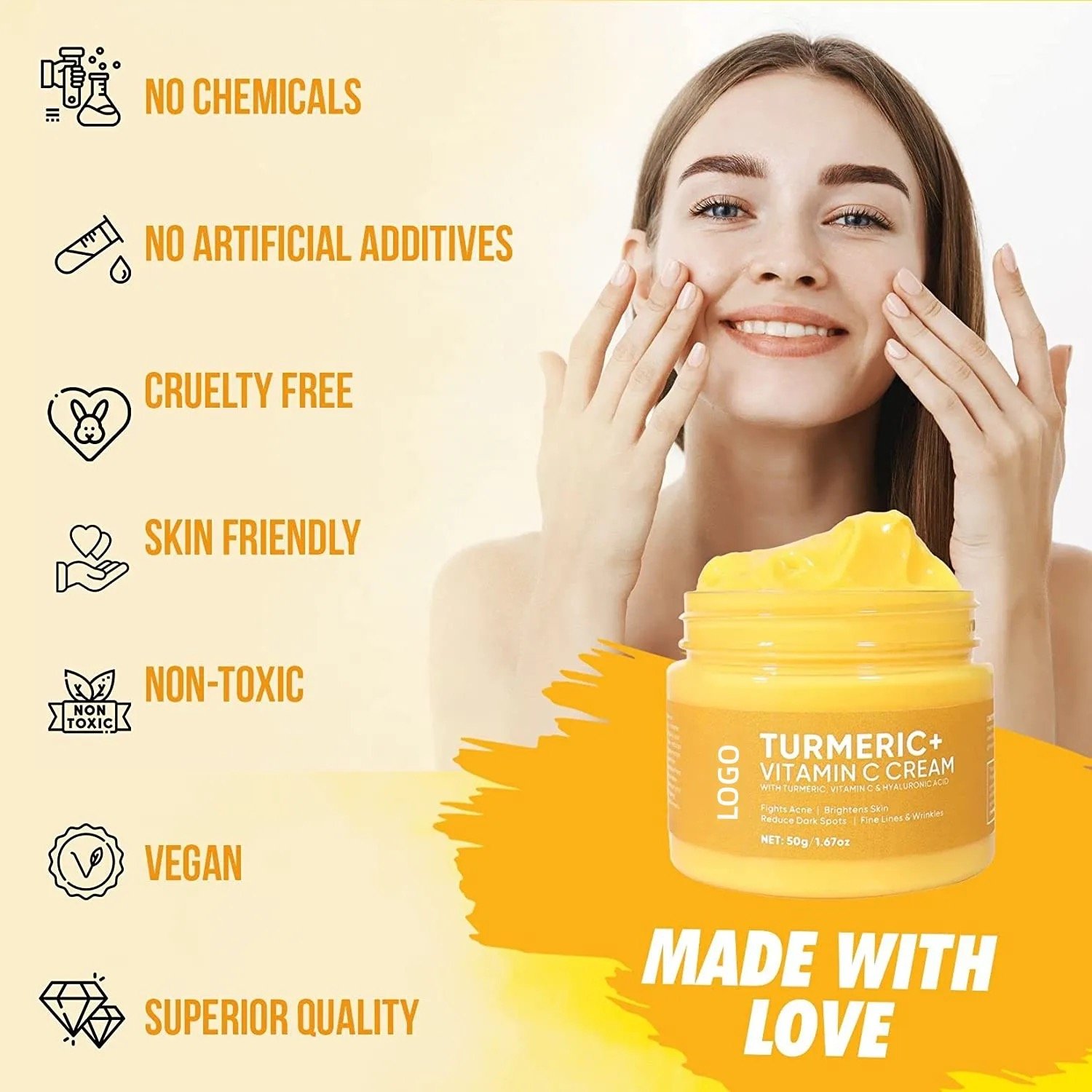 Private Label Turmeric Vitamin C Face Cream Skin Brightening Anti Aging Acne Facial Body Cream
