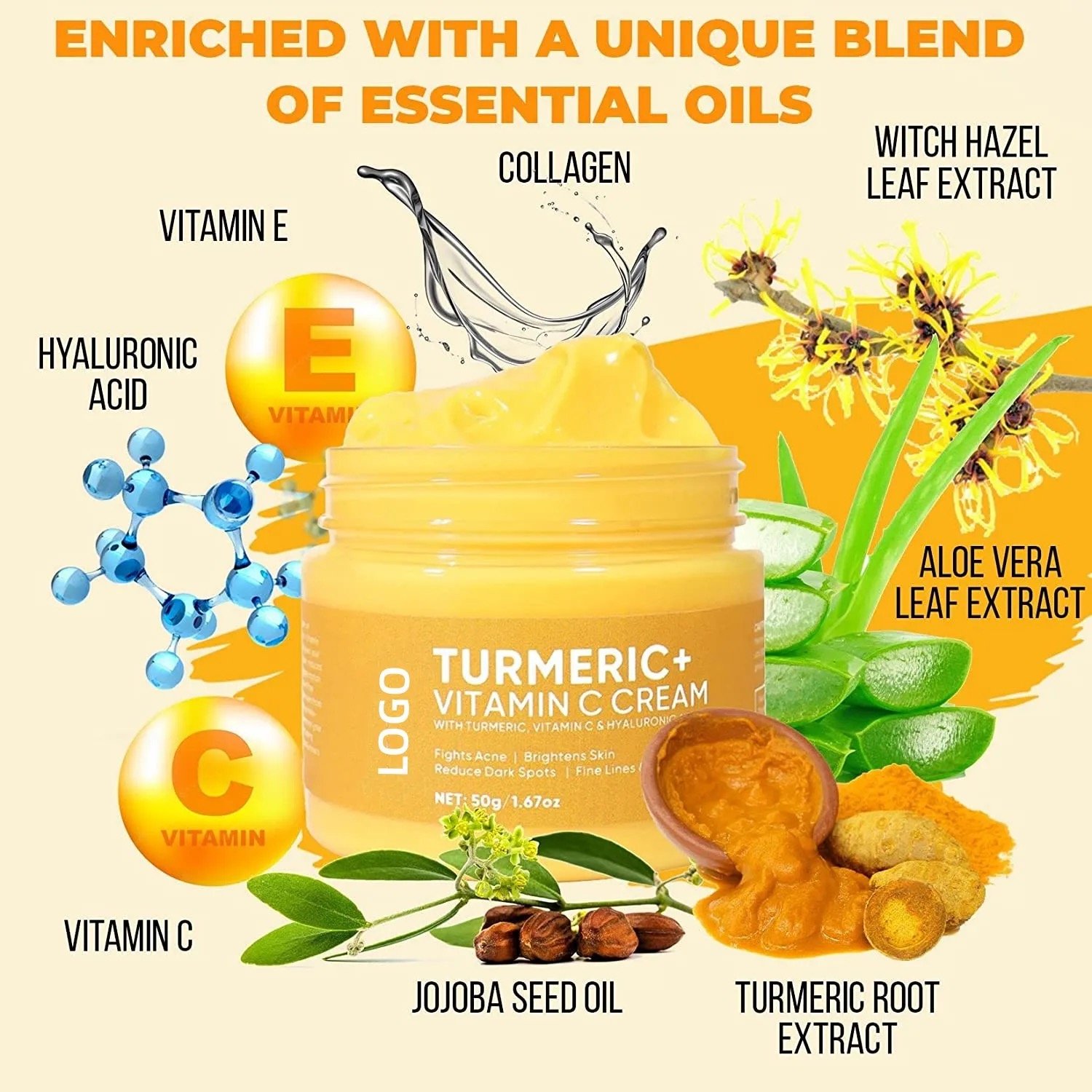 Private Label Turmeric Vitamin C Face Cream Skin Brightening Anti Aging Acne Facial Body Cream