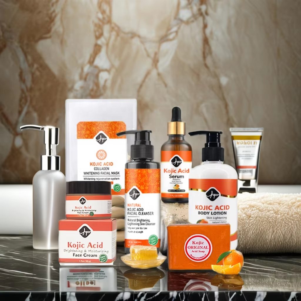 Best Facial Brightening Kojic Acid Set Private Label Whitening Face Cleanser Soap Serum Cream Body Lotion Skin Care Products Set