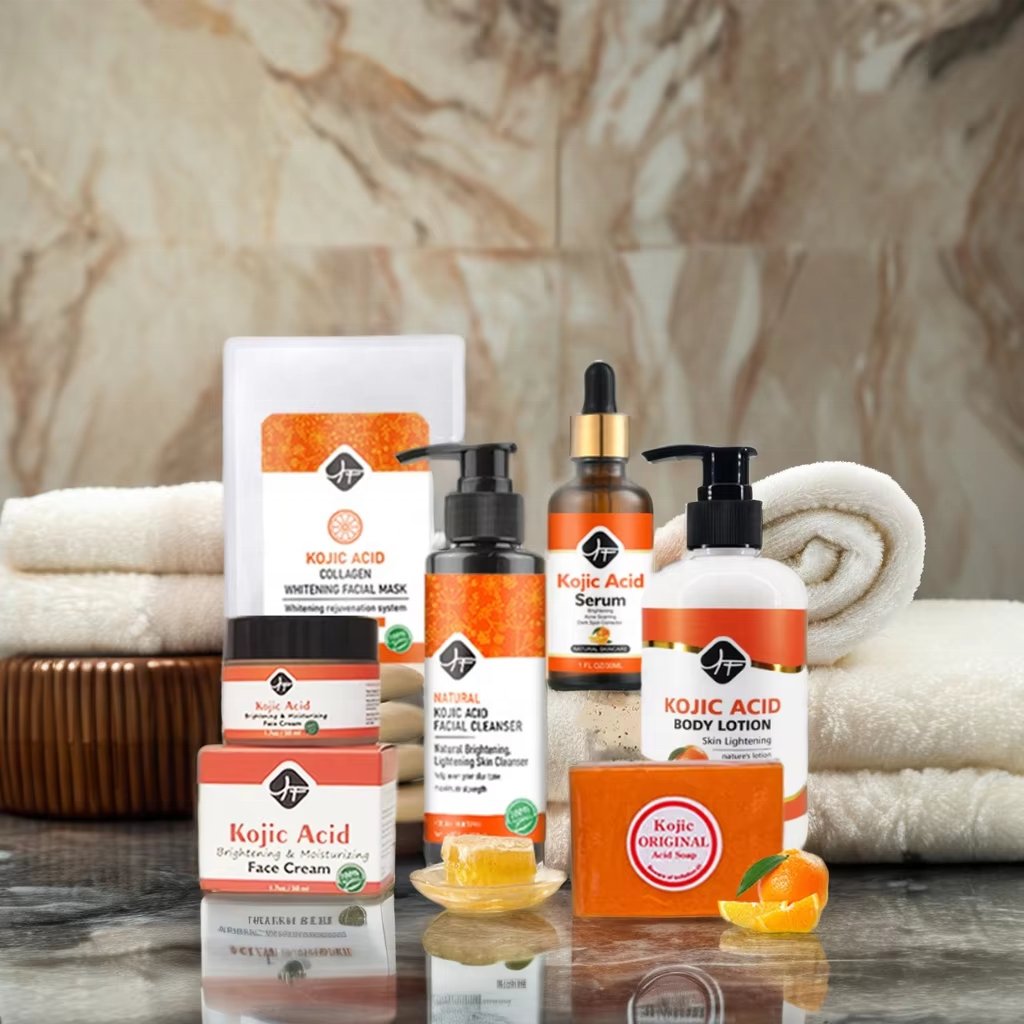 Best Facial Brightening Kojic Acid Set Private Label Whitening Face Cleanser Soap Serum Cream Body Lotion Skin Care Products Set