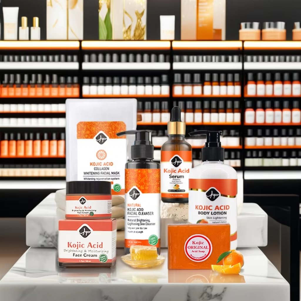 Best Facial Brightening Kojic Acid Set Private Label Whitening Face Cleanser Soap Serum Cream Body Lotion Skin Care Products Set