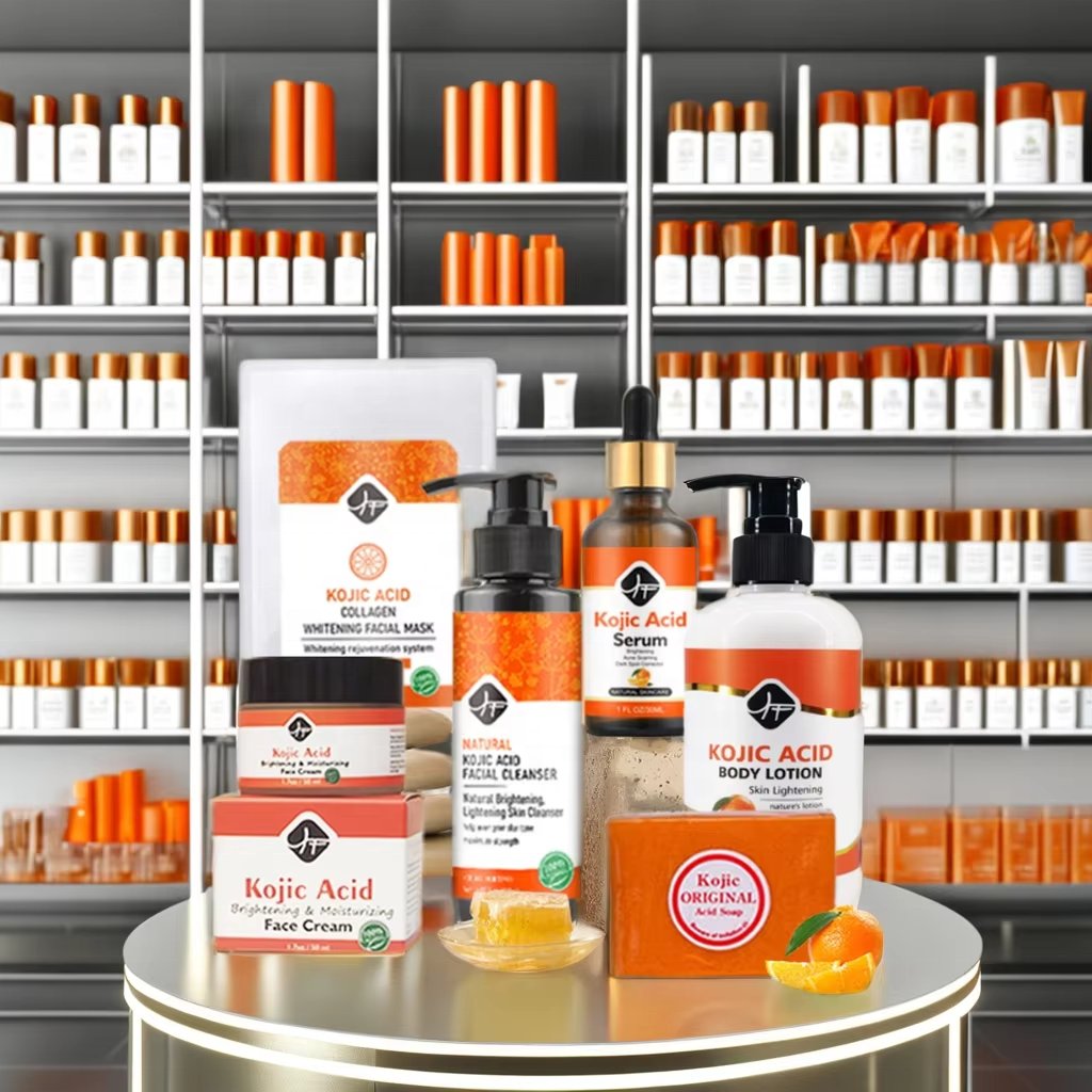 Best Facial Brightening Kojic Acid Set Private Label Whitening Face Cleanser Soap Serum Cream Body Lotion Skin Care Products Set