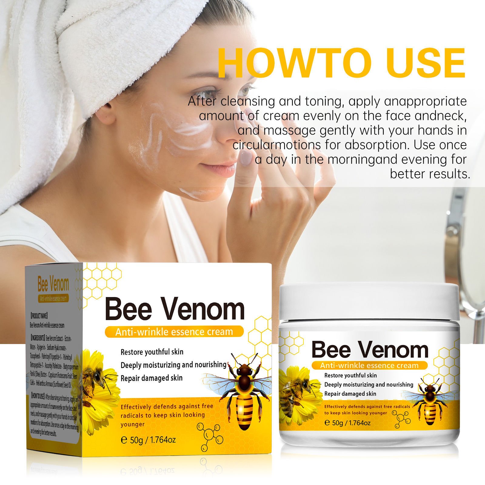 Oem Bee Venom Anti-Wrinkle Cream Anti-Wrinkle Hydrating Light Lines Brightening Wholesale Facial Anti-Wrinkle Cream 50G