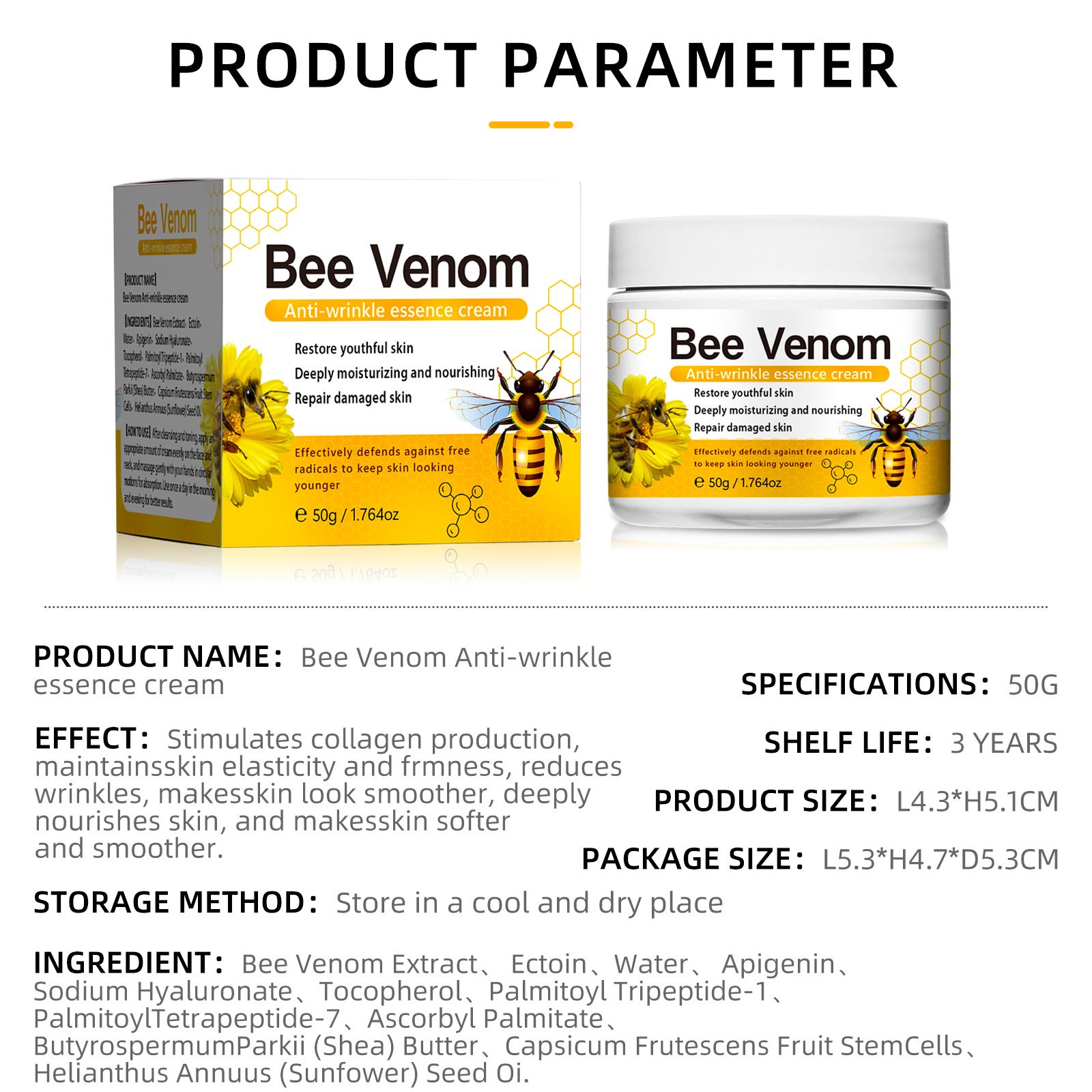 Oem Bee Venom Anti-Wrinkle Cream Anti-Wrinkle Hydrating Light Lines Brightening Wholesale Facial Anti-Wrinkle Cream 50G