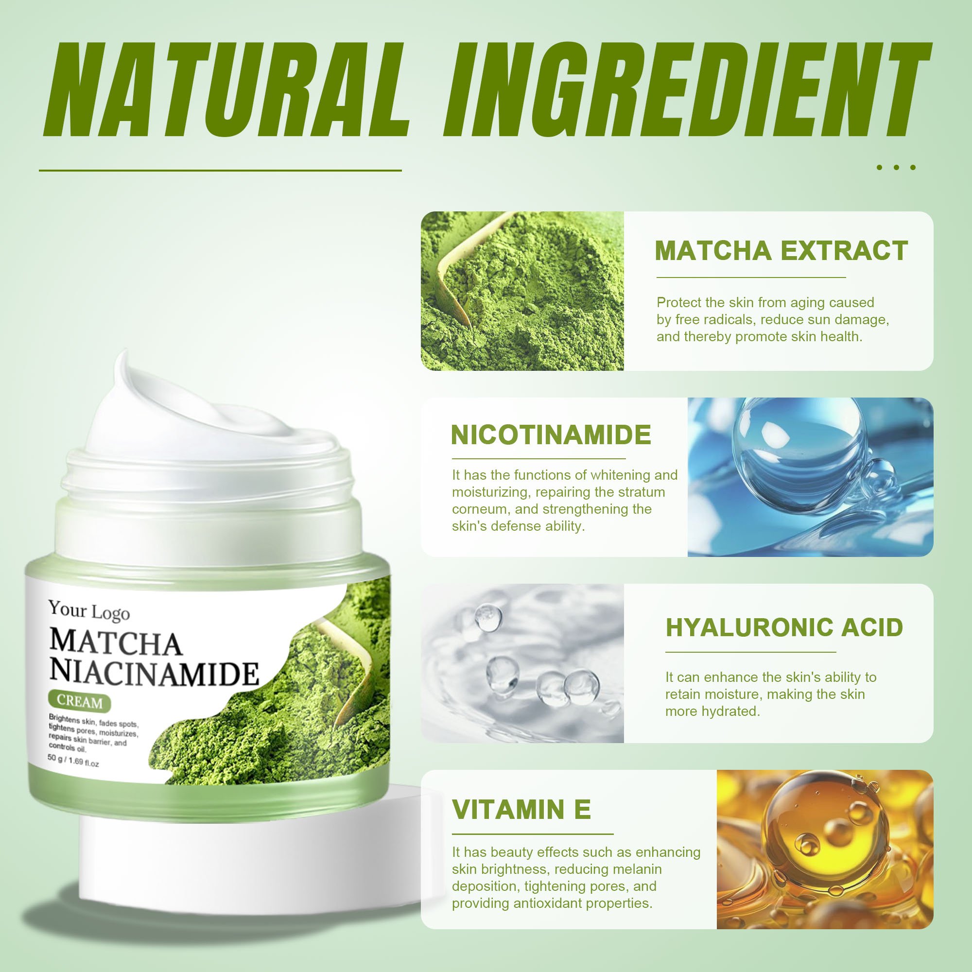 Private Label Face Cream Glass Skin Treatment Moisturizer Hydrating Matcha Niacinamide Antioxidant Intensive Moisturizing Cream