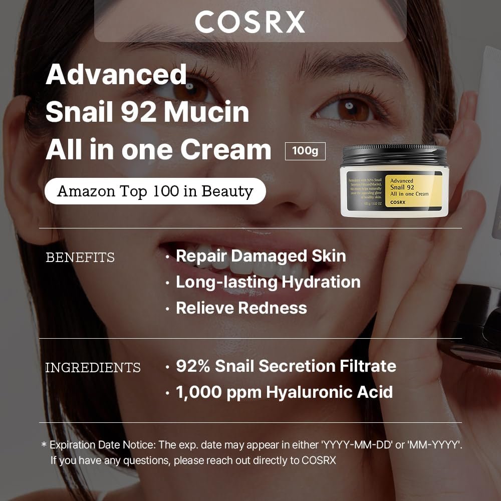 COSRX Snail Mucin 92% Repair Cream, Daily Face Gel Moisturizer For Dry Skin, Acne-prone, Sensitive Skin