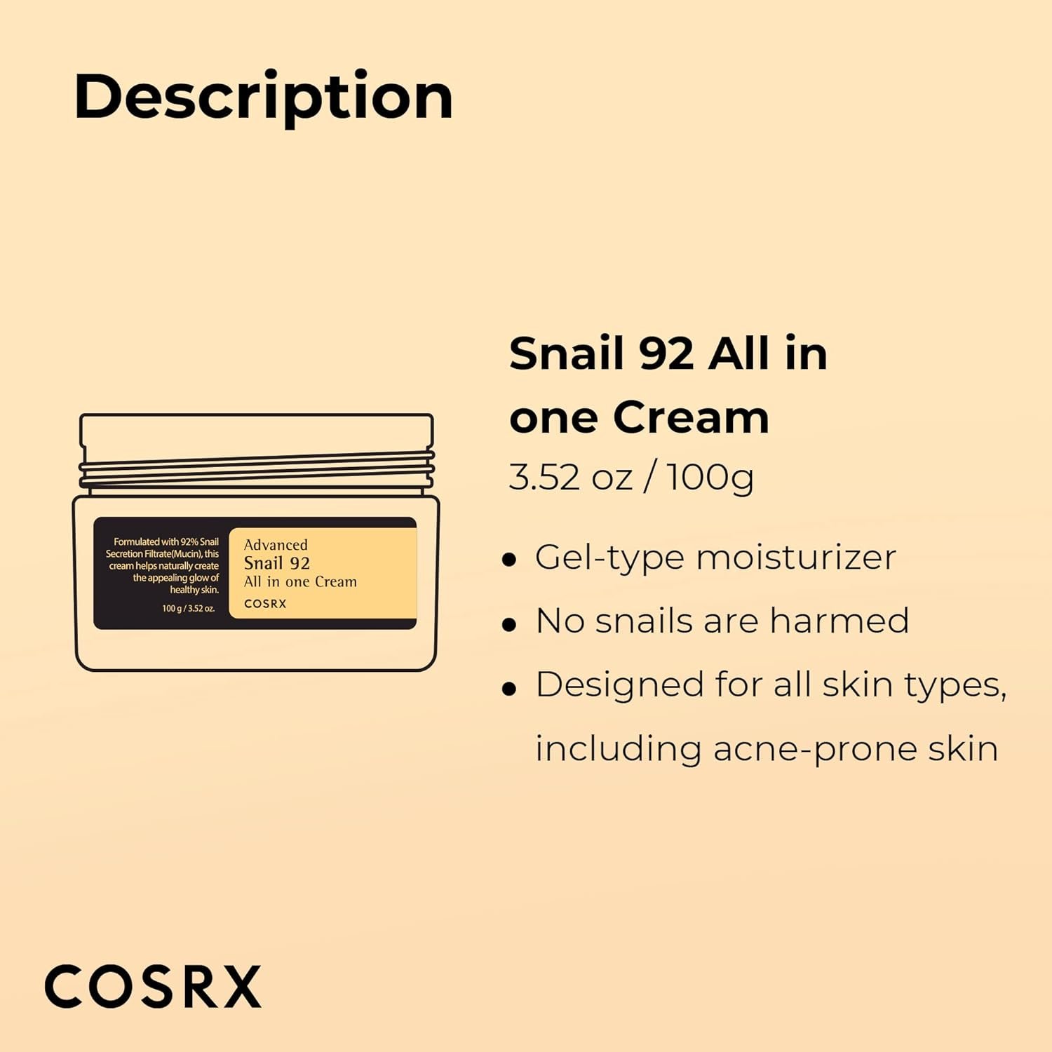 COSRX Snail Mucin 92% Repair Cream, Daily Face Gel Moisturizer For Dry Skin, Acne-prone, Sensitive Skin