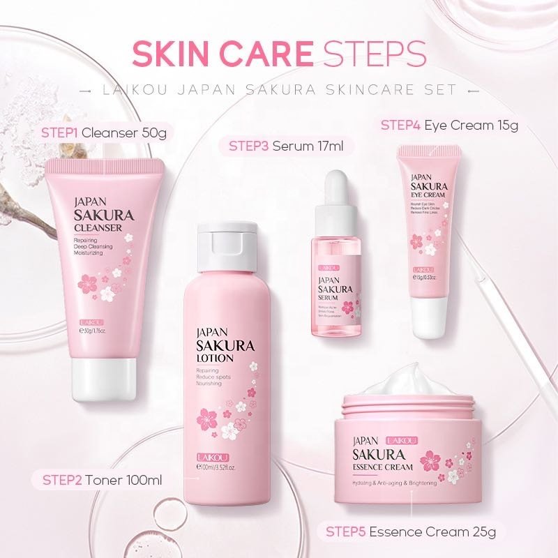 LAIKOU Japan Sakura Product Rejuvinating Dry Skin Care Set Moisturizing Reduce Fine lines Brighten Skin Tone Face Skincare 5 Pcs