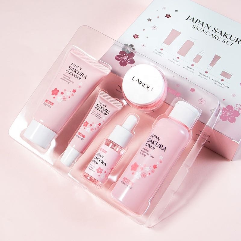 LAIKOU Japan Sakura Product Rejuvinating Dry Skin Care Set Moisturizing Reduce Fine lines Brighten Skin Tone Face Skincare 5 Pcs