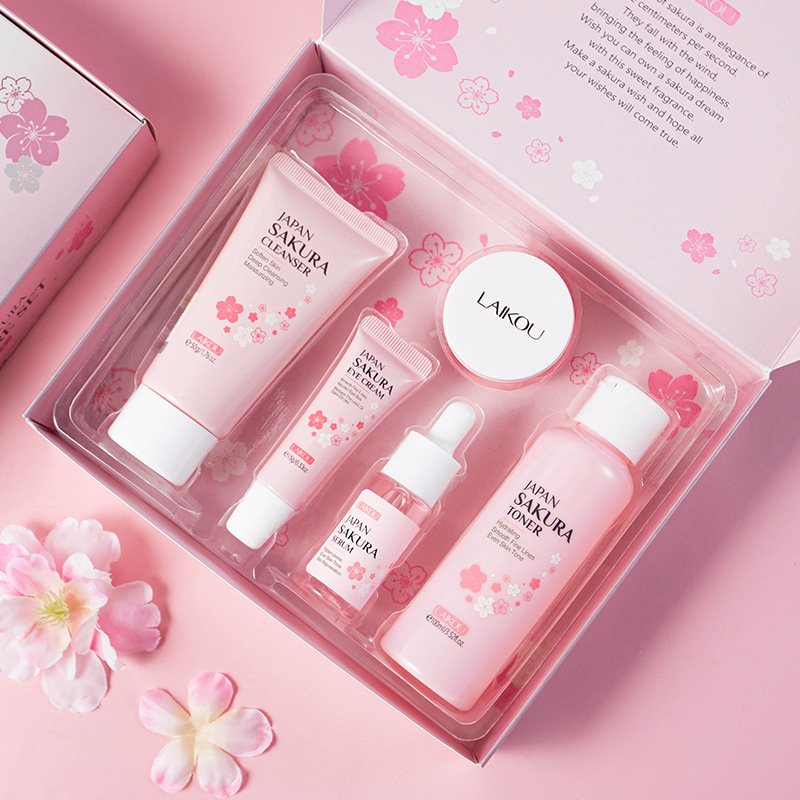 LAIKOU Japan Sakura Product Rejuvinating Dry Skin Care Set Moisturizing Reduce Fine lines Brighten Skin Tone Face Skincare 5 Pcs