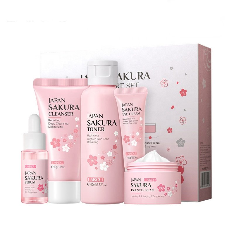 LAIKOU Japan Sakura Product Rejuvinating Dry Skin Care Set Moisturizing Reduce Fine lines Brighten Skin Tone Face Skincare 5 Pcs