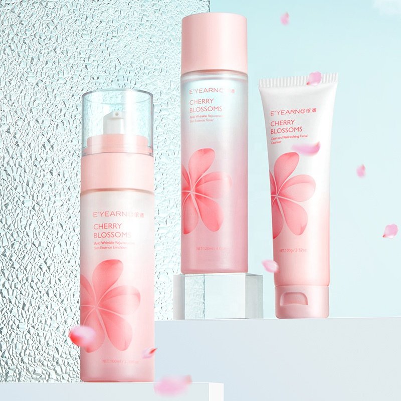 EYEARN Sakura Facial Skincare Set with Face Lotion Toner Cleanser Women Gentle Cherry Blossoms Three-step Skin Care Products