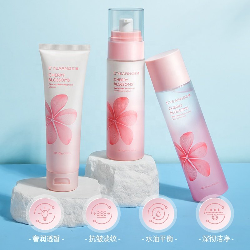 EYEARN Sakura Facial Skincare Set with Face Lotion Toner Cleanser Women Gentle Cherry Blossoms Three-step Skin Care Products
