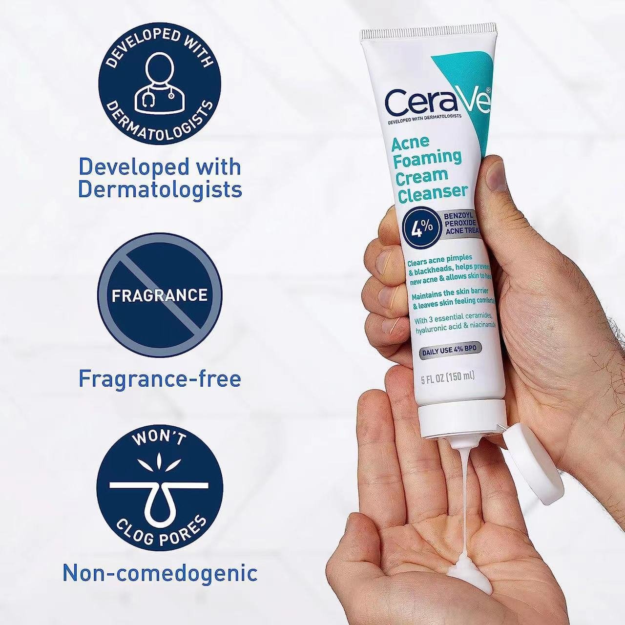 Cera Ve 150ML 4% Benzoyl Peroxide Face Deep Cleansing Acne Foaming Cream Cleanser