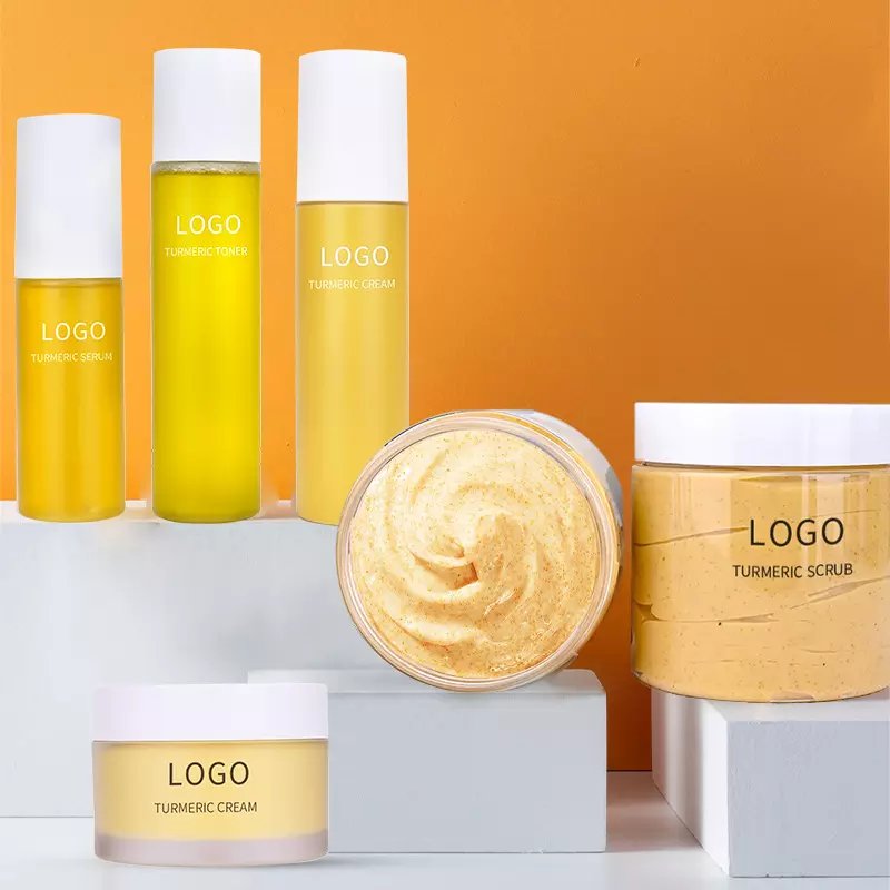 Wholesale Private Label Natural Organic Turmeric Oil Serum Toner Clay Mask Cream Face Wash Whitening Turmeric Face Skin Care Set
