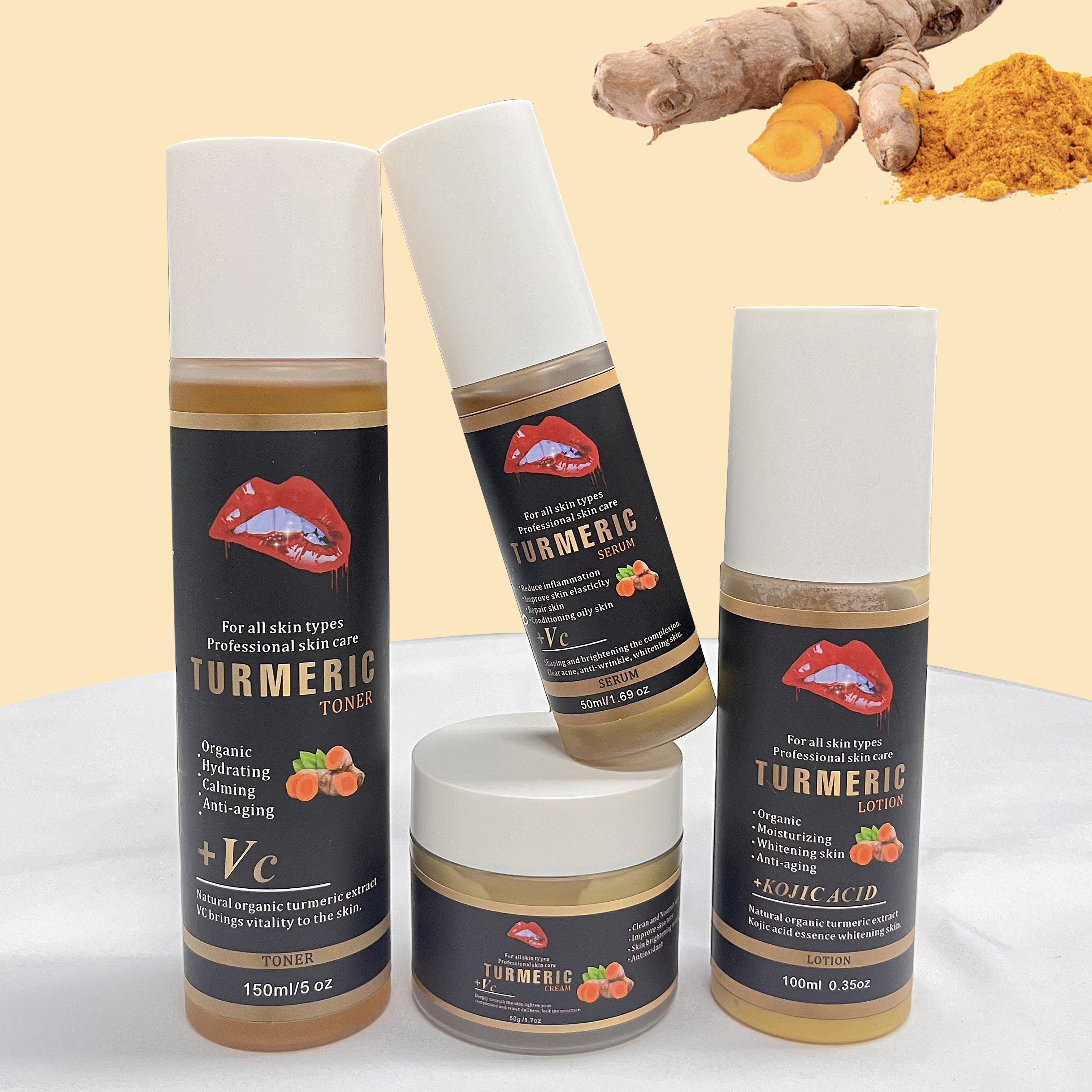 Private Label Turmeric Skin Care Set Brightening Anti Acne Fade Dark Spot Turmeric Face Cream