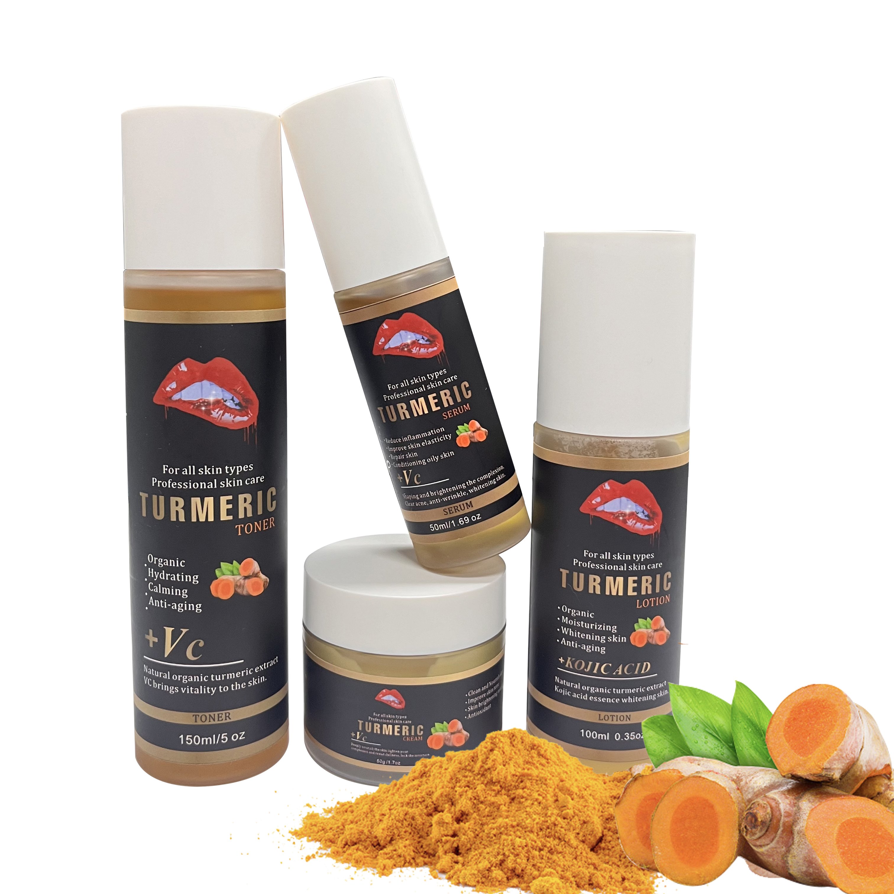 Private Label Turmeric Skin Care Set Brightening Anti Acne Fade Dark Spot Turmeric Face Cream